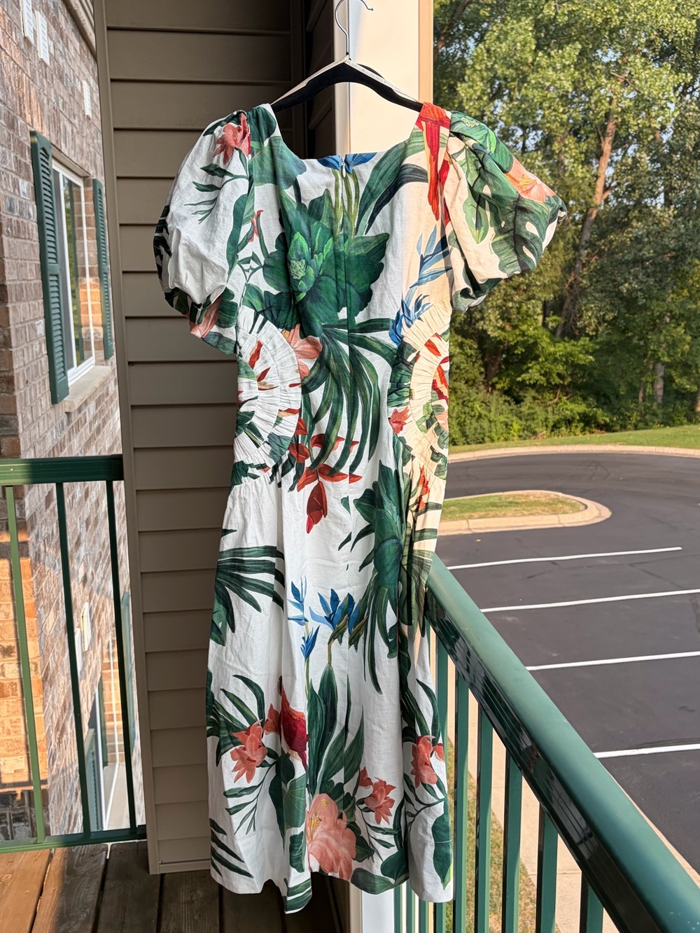 🆕🌿🦜FARM Rio OffWhite Midnight Macaw Fiesta Linen Puff Sleeve Midi Dress XS Party - Picture 5 of 17